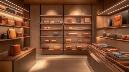 Sleek retail shop interior with a focus on high-end leather goods, including wallets, bags, and belts in an organized display.