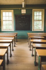 A classroom with wooden desks facing a chalkboard, suggesting a learning environment.