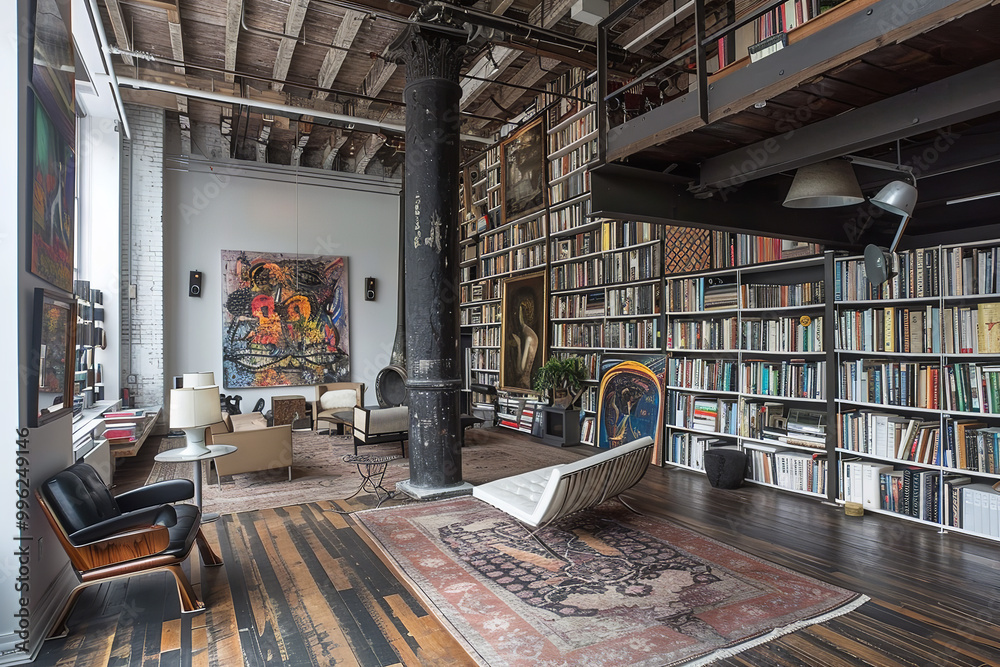 Sticker Artistic Loft Library with Modern Art and Wall-to-Wall Bookcases