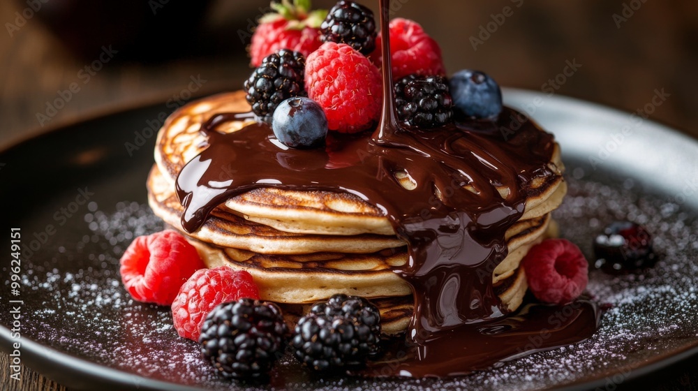 Poster a close-up of chocolate drizzling over a stack of pancakes, garnished with fresh berries, emphasizin