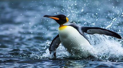 Majestic penguin swimming gracefully through the water, capturing a stunning action moment in the wild, highlighting the aquatic agility of these remarkable birds in their natural ocean habitat.

