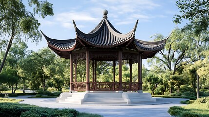 Fototapeta premium Traditional Chinese Garden Pavilion with Curved Roof and White Stone Steps.