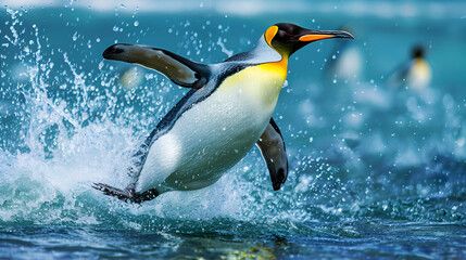 Majestic penguin swimming gracefully through the water, capturing a stunning action moment in the wild, highlighting the aquatic agility of these remarkable birds in their natural ocean habitat.

