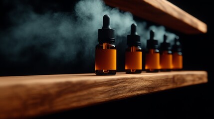 An apothecary shelf lined with tincture bottles of various adaptogenic herbs