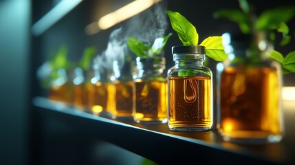 An apothecary shelf lined with tincture bottles of various adaptogenic herbs