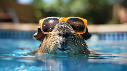 Adorable hamster swimming with tiny goggles in a pool, creating a playful and fun moment perfect for showcasing unique pet adventures and water-loving pets, ideal for summer and animal lovers.

