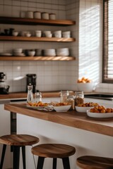 A cozy kitchen scene with a wooden countertop and a variety of fruits and jars.