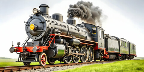 Fototapeta premium Steam locomotive in the countryside on white background, Steam locomotive, countryside, vintage