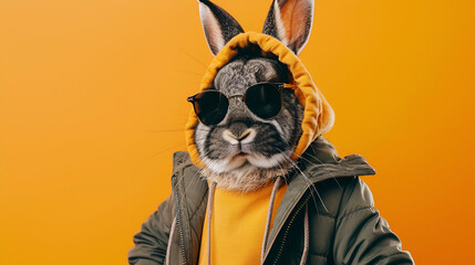 Stylish rabbit wearing sunglasses posing confidently against a vibrant yellow background, capturing a playful and fashionable moment that showcases the fun personality of this adorable pet in a creat