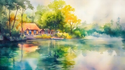 Watercolor Painting of a Tranquil Lakeside Cabin.