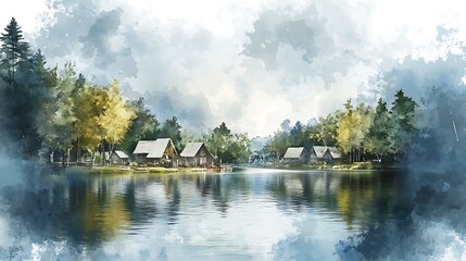 Watercolor Painting of Rustic Cabins by a Tranquil Lake.