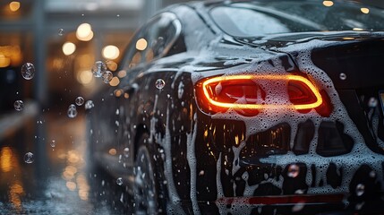 Clean shiny car during automatic wash with water and soap flowing, car washing process new beautiful stock image illustration AI