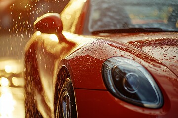 Clean shiny car during automatic wash with water and soap flowing, car washing process new beautiful stock image illustration AI