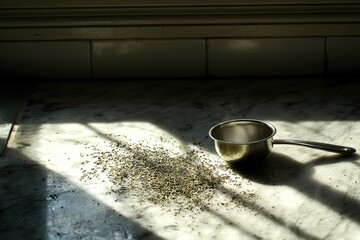 A Stainless Steel Tea Strainer with Loose Tea Leaves Scattered on a White Marble Countertop