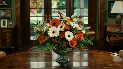 Fototapeta premium An autumn bouquet featuring orange roses