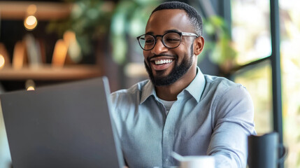 A professional attending an online webinar for leadership and management skill development