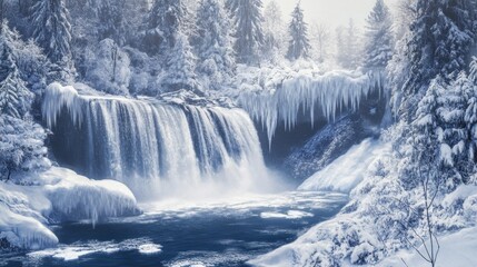 A waterfall in a snowy landscape, partially frozen, with icicles hanging and snow-covered trees around.