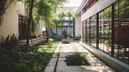 Fototapeta premium A serene courtyard with lush greenery and modern architectural elements, creating a perfect balance between nature and urban living.