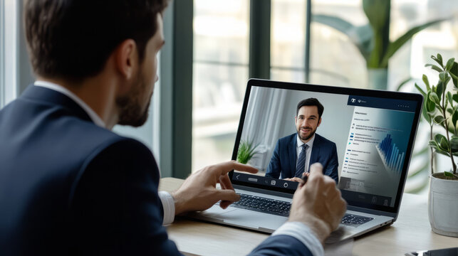 A recruiter holding a video interview with a remote candidate, discussing qualifications on a laptop