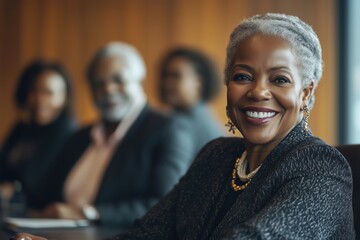 A woman with a smile on her face is sitting at a table with other people