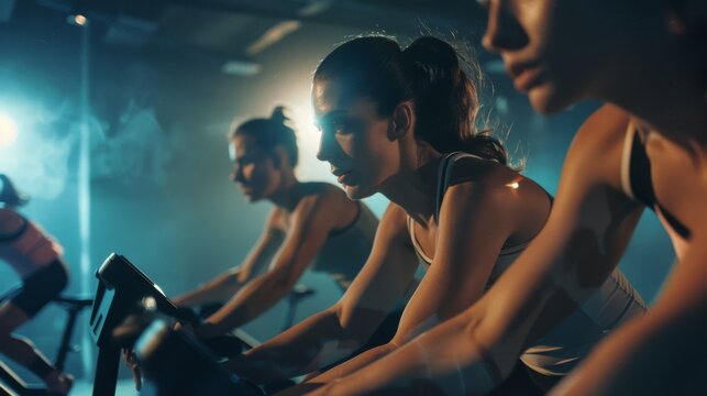 Women engage in an intense, synchronized indoor cycling workout, their expressions focused and determined, under atmospheric lighting in a dynamic gym environment.