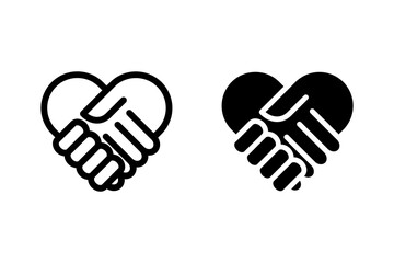 Set of with outline and black handshakes heart vector icons. Sign friendship or partnership icon. Peace and love symbol. Sign agreement.