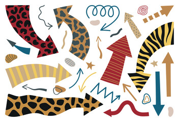 Arrows set. Psychedelic elements and arrows, animal skin print. Isolated vector modern illustration for your design