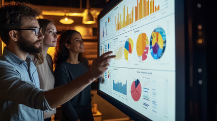 A talent acquisition team reviewing applicant data on a large digital dashboard, analyzing their recruitment pipeline