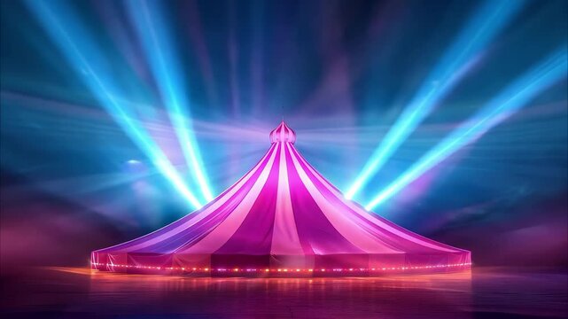 A brightly lit circus tent with pink and purple stripes, surrounded by colorful beams of light against a dark background.