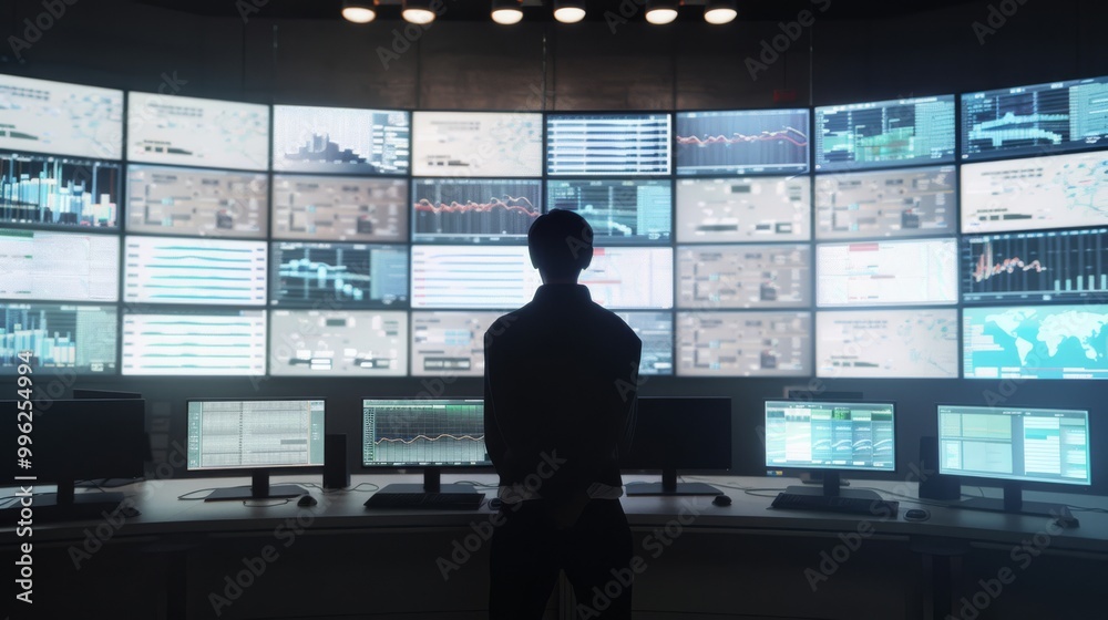 Wall mural a man stands before an array of monitors, immersed in data, representing a sophisticated control roo