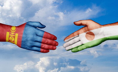 Niger and Mongolia country handshaking with flags, consensus concept international co-operation illustration