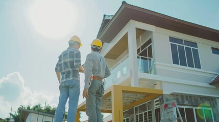 Two men wearing yellow safety helmets, inspecting the construction progress of a modern, two-story house under the bright sun.