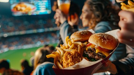 Fototapeta premium A lively sports stadium scene with a tray of delicious fast food, featuring burgers, fries, and chicken, held by a fan.