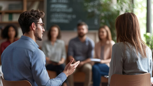 A young professional practicing their presentation skills in front of a small group of colleagues