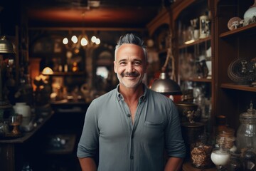 Fototapeta premium Smiling man in casual attire standing in a cozy antique shop filled with vintage items and warm lighting in the evening. Generative AI