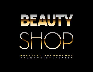 Vector stylish advertisement Beauty Shop. Modern Gold Font. Chic Alphabet Letters and Numbers set.