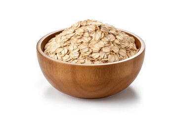 Oats in a wooden bowl ready for breakfast or baking, showcased on a clean, white background with natural light. Generative AI