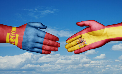Spain and Mongolia country handshaking with flags, consensus concept international co-operation illustration