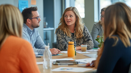 Employees engaging in a group workshop on work-life balance and company benefits