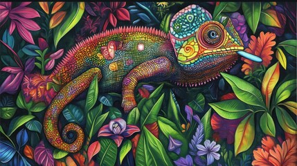 Obraz premium A Vibrant Chameleon Camouflaged Amongst Lush Tropical Foliage