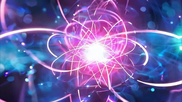 A vibrant depiction of an atom or atomic structure with swirling energy and light effects.