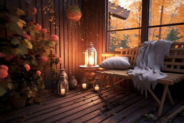 Cozy autumn corner with warm lanterns and soft blankets in a rustic setting surrounded by colorful leaves. Generative AI