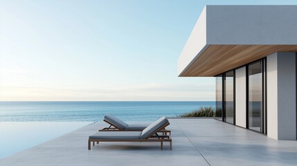 Fototapeta premium Stylish lounge chairs by the sea, offering a perfect blend of comfort and modern design for relaxation and tranquility.