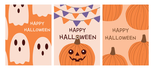 Halloween festive concept, card set. Pumpkin, ghost and holiday flags. Funny vector illustration.