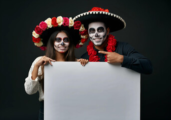 A couple dressed for Día de los Muertos with sugar skull makeup, holding a blank white sign, ready for personalized messages or designs. generative AI