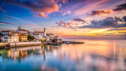 Fototapeta premium Serene coastal town under sky of soft liquid hues, coast, town, serene, peaceful, tranquil, calm, coastal, ocean, sea, sky, clouds