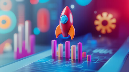  The dynamic imagery of a rocket taking off captures the excitement .A rocket launch depicted against a digital background with glowing stock market graphs and upward-pointing arrows.