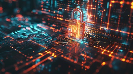 Obraz premium A digital padlock glows amidst intricate network lines and circuitry, symbolizing cybersecurity, data protection, and the digital age’s emphasis on secure information.
