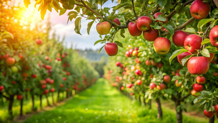Lush apple orchard with ripe fruit hanging from trees, fall harvest, agriculture, countryside, farming, fresh, organic