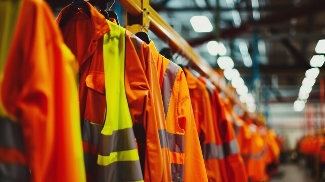 A row of high-visibility orange safety jackets hangs in an industrial setting, ready for use in construction or work environments.